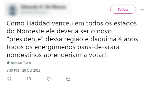 A região foi a única em que o candidato Fernando Haddad (PT) foi mais votado que seu oponente, Jair Bolsonaro (PSL) (Foto: Reprodução | Print) A região foi a única em que o candidato Fernando Haddad (PT) foi mais votado que seu oponente, Jair Bolsonaro (PSL) (Foto: Reprodução | Print)