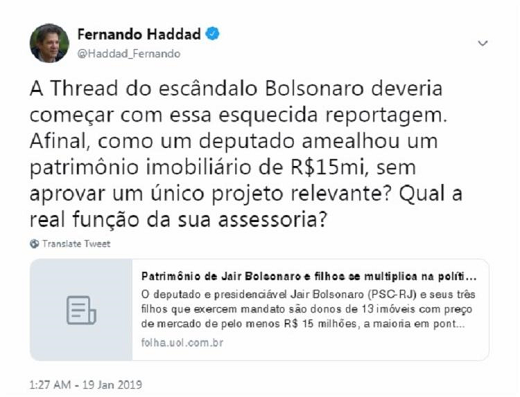 Fernando Haddad usou sua conta no Twitter, neste sábado, para questionar o patrimônio imobiliário da família do atual presidente, Jair Bolsonaro (Foto: Reprodução)