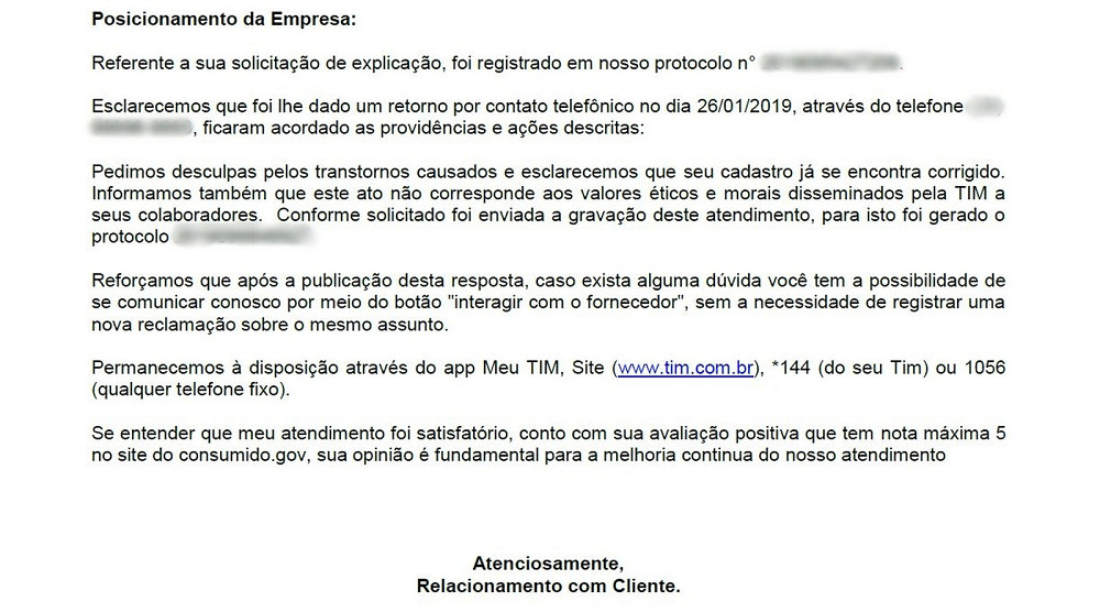 Empresa Tim enviou carta com pedido de desculpas à cliente após xingamentos (Foto: Arquivo pessoal | Bruno Ribeiro Carvalho)