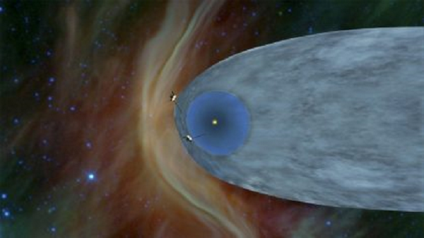 Imagem criada pela Nasa para representar as duas sondas Voyager, dois pontos à esquerda, no limite da heliosfera (Foto: NASA | JPL-CALTECH | AFP) Imagem criada pela Nasa para representar as duas sondas Voyager, dois pontos à esquerda, no limite da heliosfera (Foto: NASA | JPL-CALTECH | AFP)