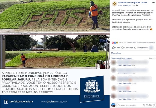 Prefeitura faz post em defesa de funcionário criticado por erro (Foto: Reprodução) Prefeitura faz post em defesa de funcionário criticado por erro (Foto: Reprodução)