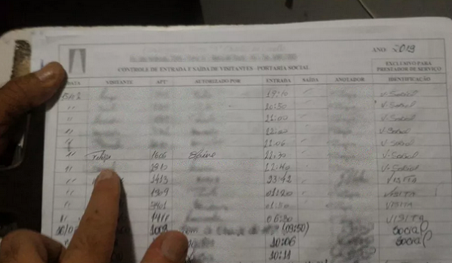 No registro da portaria do prédio onde mora a paisagista consta que Vinicius entrou no local se apresentando como Felipe (Foto: Reprodução) No registro da portaria do prédio onde mora a paisagista consta que Vinicius entrou no local se apresentando como Felipe (Foto: Reprodução)