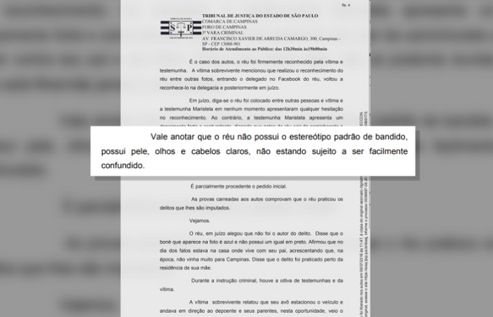 Trecho do processo onde juíza escreveu argumentação sobre 'estereótipo padrão de bandido' (Foto: Reprodução) Trecho do processo onde juíza escreveu argumentação sobre 'estereótipo padrão de bandido' (Foto: Reprodução)