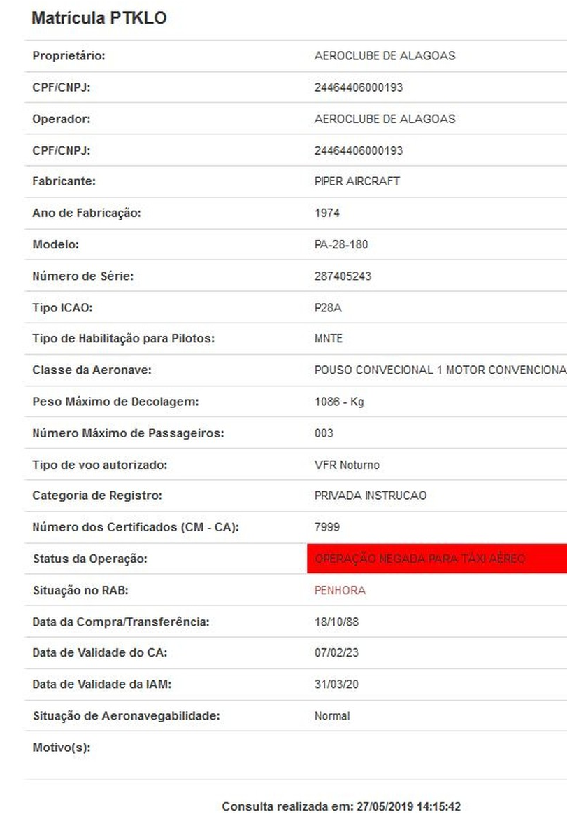 Dados do Registro Aeronáutico Brasileiro que mostram que o avião onde estava Gabriel Diniz não poderia fazer táxi aéreo (Foto: Reprodução) Dados do Registro Aeronáutico Brasileiro que mostram que o avião onde estava Gabriel Diniz não poderia fazer táxi aéreo (Foto: Reprodução)