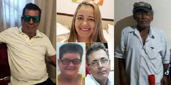 Mortos no acidente: Jânio, motorista do micro-ônibus (de óculos), Carla, 45, Eulália, 66, José Mário, 55, e Benício Guedes, 76 (boné) (Foto: Reprodução) Mortos no acidente: Jânio, motorista do micro-ônibus (de óculos), Carla, 45, Eulália, 66, José Mário, 55, e Benício Guedes, 76 (boné) (Foto: Reprodução)