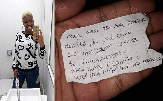 A mensagem, registrada num pedaço de folha de caderno, dizia: 'Moça, mexe na sua orelha direita se esse cara ao seu lado estiver te incomodando. Meu nome é Camila e você pode fingir que me conhece' (Foto: Reprodução)