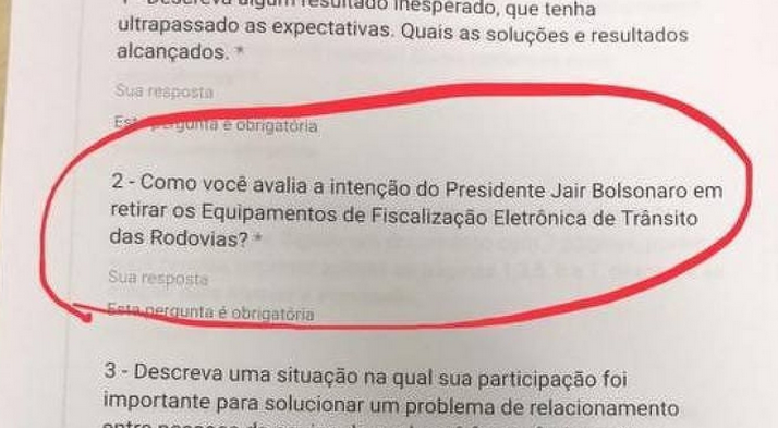 De acordo com o questionário para admissão obtido pela Folha, o funcionário teria que avaliar a De acordo com o questionário para admissão obtido pela Folha, o funcionário teria que avaliar a
